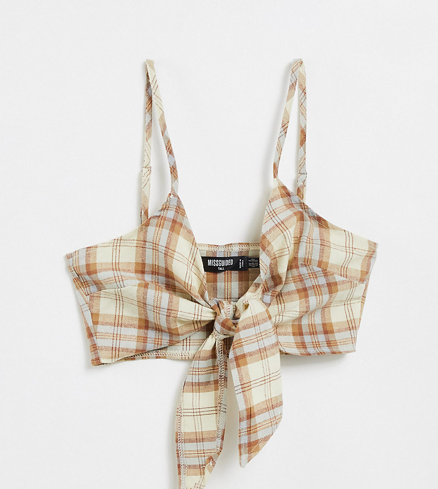Missguided Tall coordinating bralette with tie detail in brown check