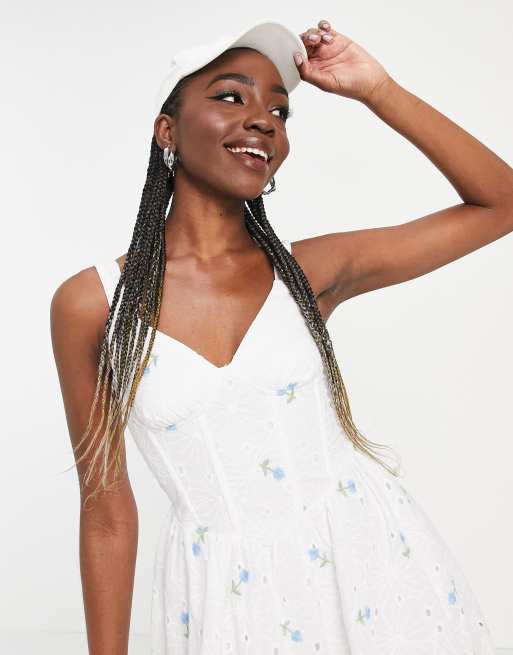 Missguided Tall corset skater dress with floral broderie in white