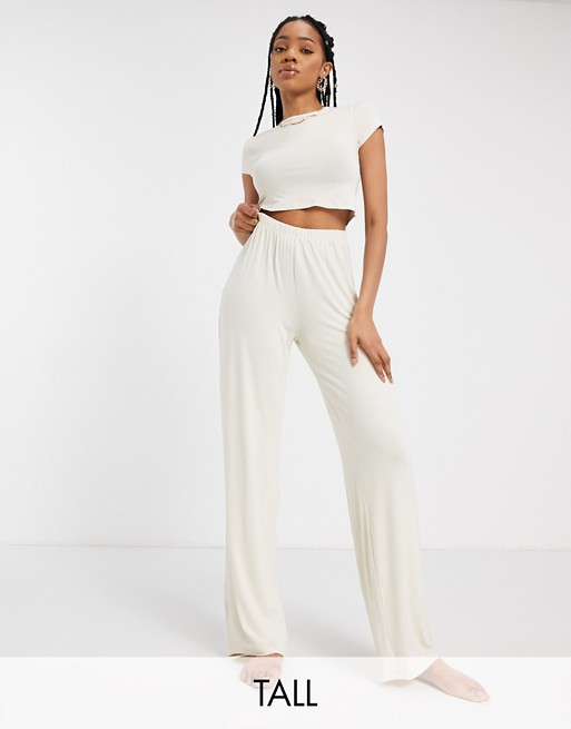 Missguided Tall crop top and wide leg trouser pyjama set in beige