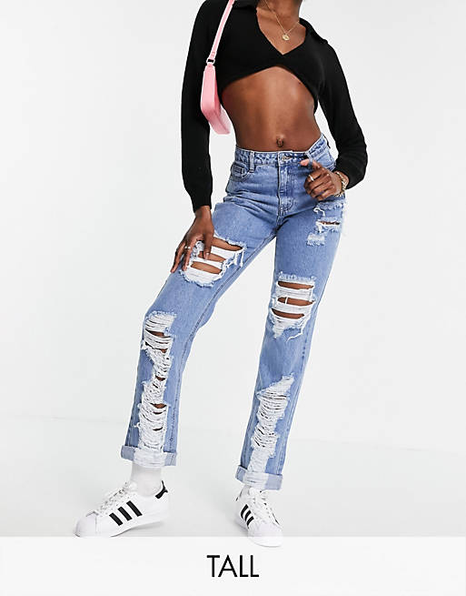 Missguided Tall dad jean with distressed detail in blue