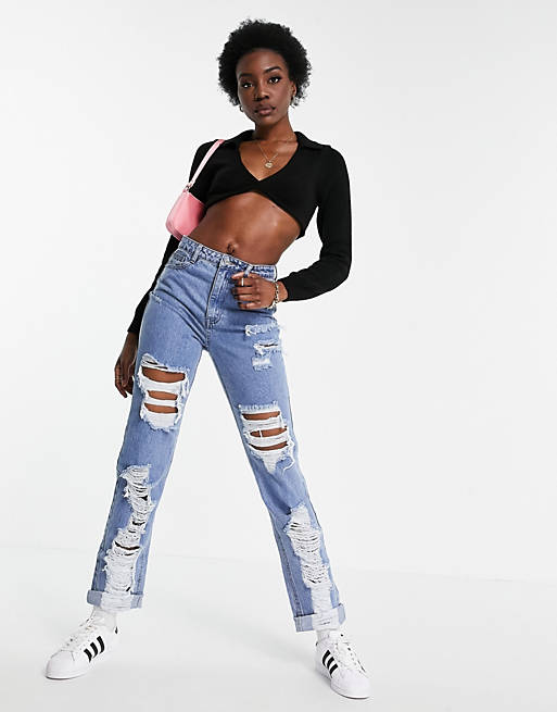  Missguided Tall dad jean with distressed detail in blue 