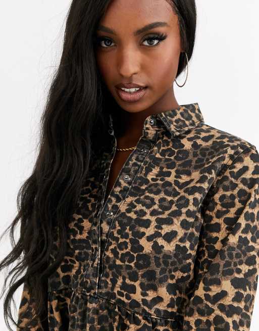 Missguided Tall denim smock dress in leopard