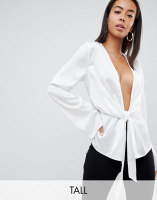 Missguided Tall - Diepuitgesneden satijnen blouse-Wit