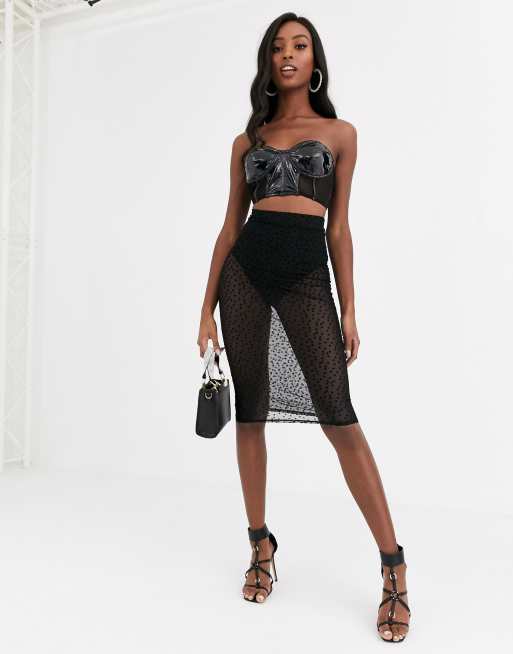 Fitted Mesh Midi Skirt Black