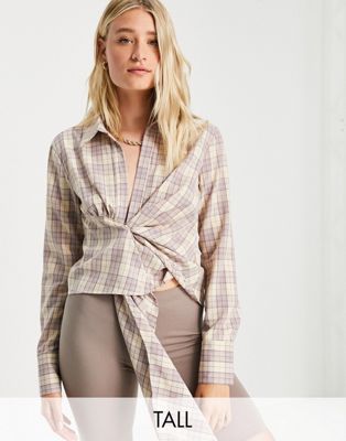 Missguided Tall draped shirt in purple check - ASOS Price Checker