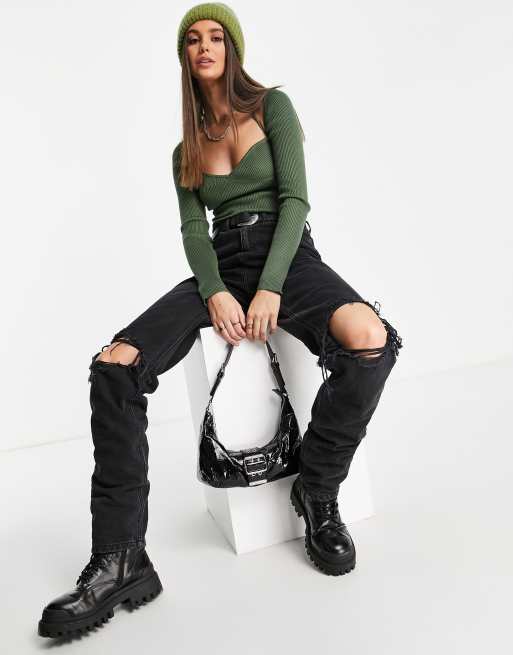 Missguided Tall – Dzianinowy top w kolorze khaki z dekoltem karo, 4 z 4