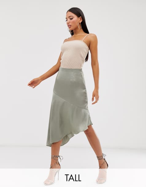Missguided Tall Exclusive satin midi skirt with asymmetric hem in sage - view 1
