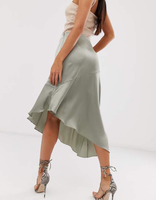 Missguided Tall Exclusive satin midi skirt with asymmetric hem in sage, 2 of 4