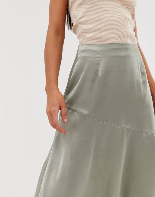 Missguided Tall Exclusive satin midi skirt with asymmetric hem in sage, 3 of 4