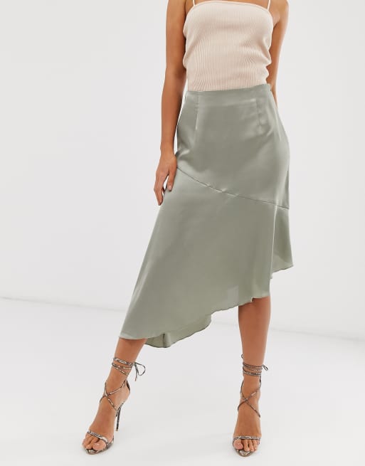Missguided Tall Exclusive satin midi skirt with asymmetric hem in sage, 4 of 4