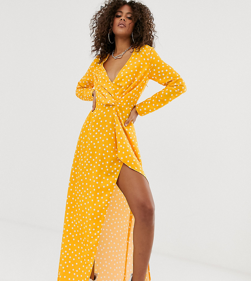 Missguided Tall Exclusive satin wrap dress with thigh split in yellow polka