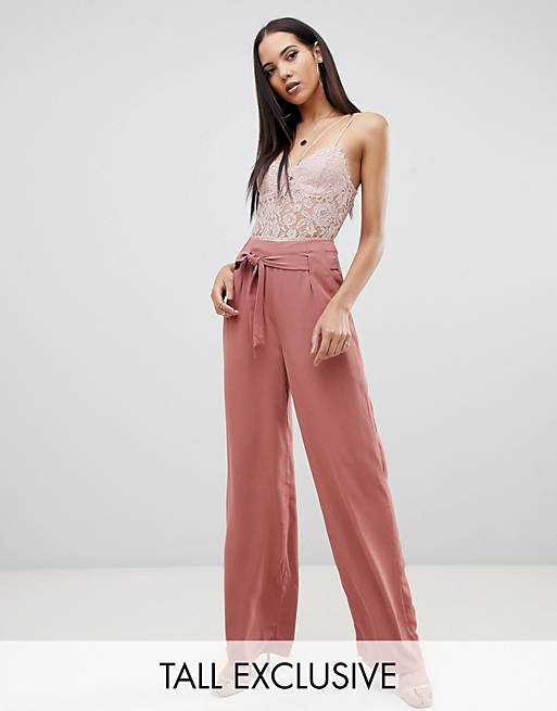 Missguided Tall exclusive tall tie waist wide leg pants in mocha