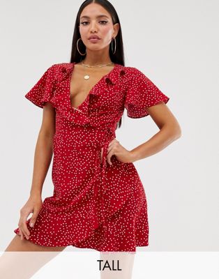 Missguided Tall exclusive wrap tea dress in red polka | ASOS