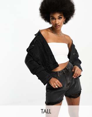 Missguided Tall Extreme Ripped Denim Shorts In Washed Black