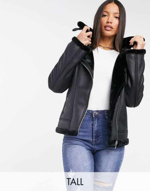 Missguided Tall faux fur lined aviator jacket in black | ASOS