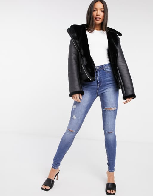 Tall Faux Fur Lined Aviator Jacket