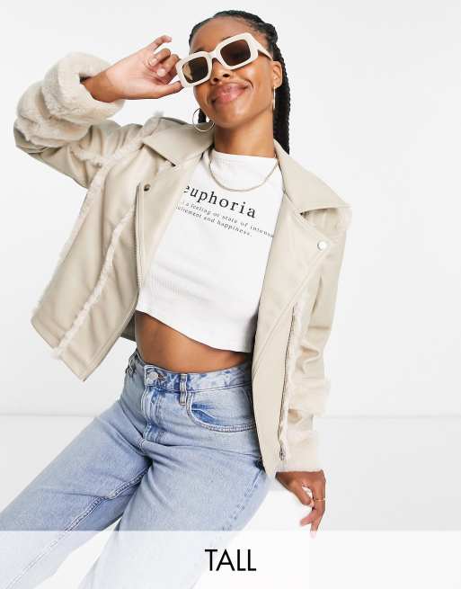 Missguided Tall faux fur trim biker jacket in stone