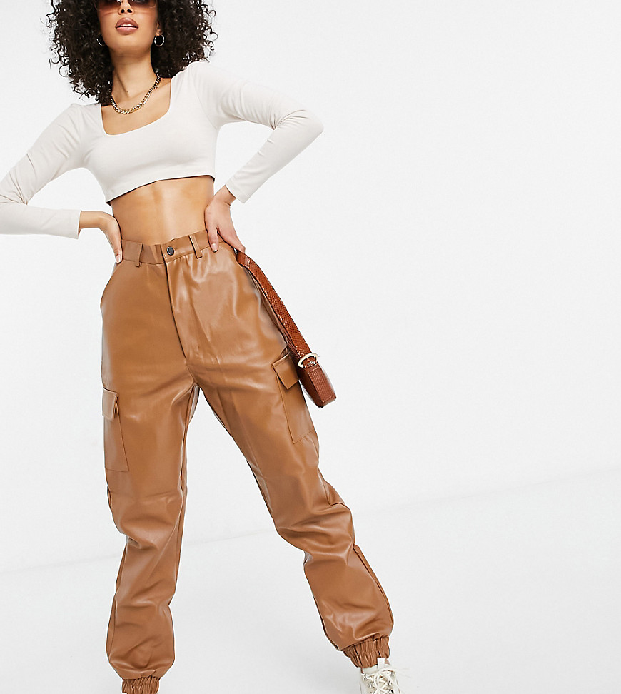 Missguided Tall faux leather cargo pants in toffee-Brown
