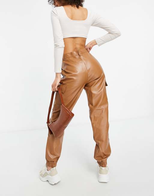 Missguided Tall faux leather cargo pants in toffee ASOS