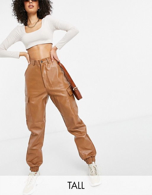 Missguided Tall faux leather cargo trouser in toffee
