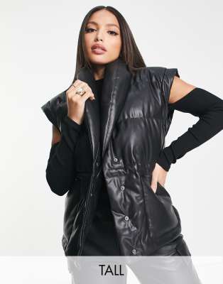 Petite Black Faux Leather Puffer Gilet