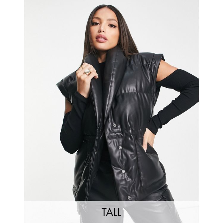 Missguided Petite faux leather puffer gilet in black