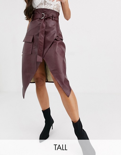 Missguided Tall faux leather wrap midi skirt in burgundy