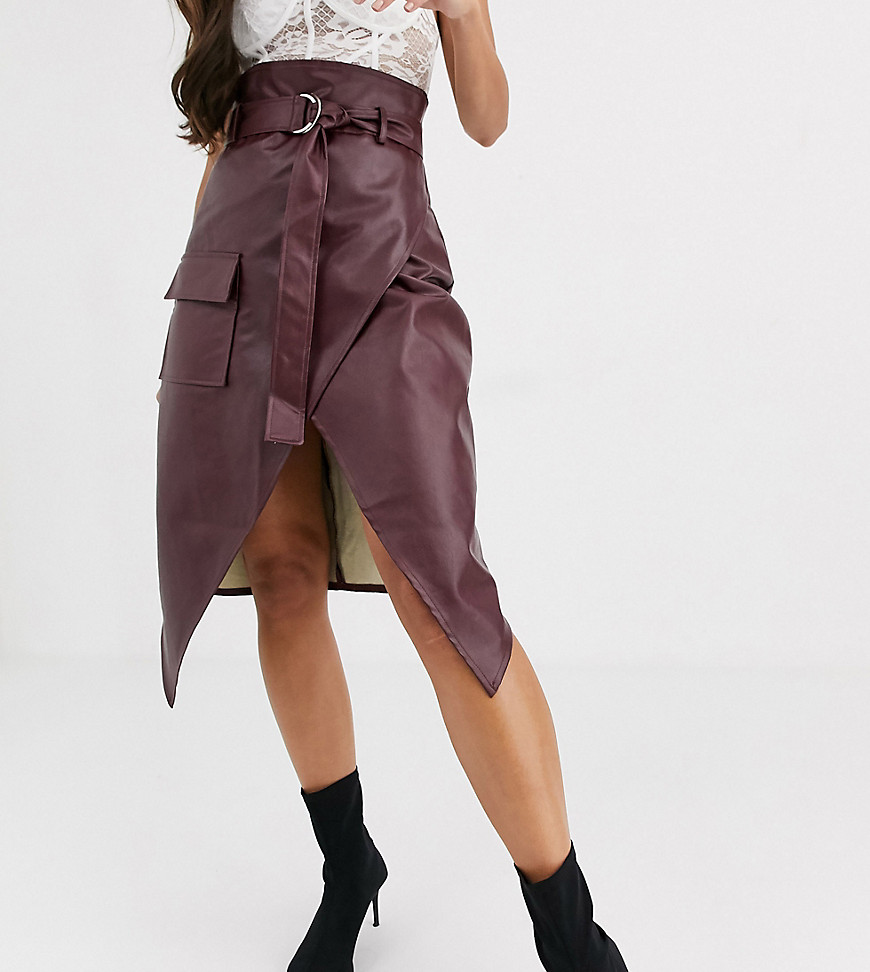 Missguided Tall faux leather wrap midi skirt in burgundy-Red