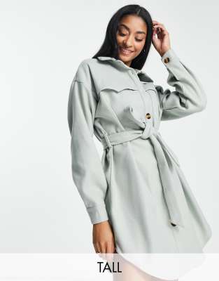 Missguided Tall Missguided Tall fleece shirt dress with belt in sage-Green