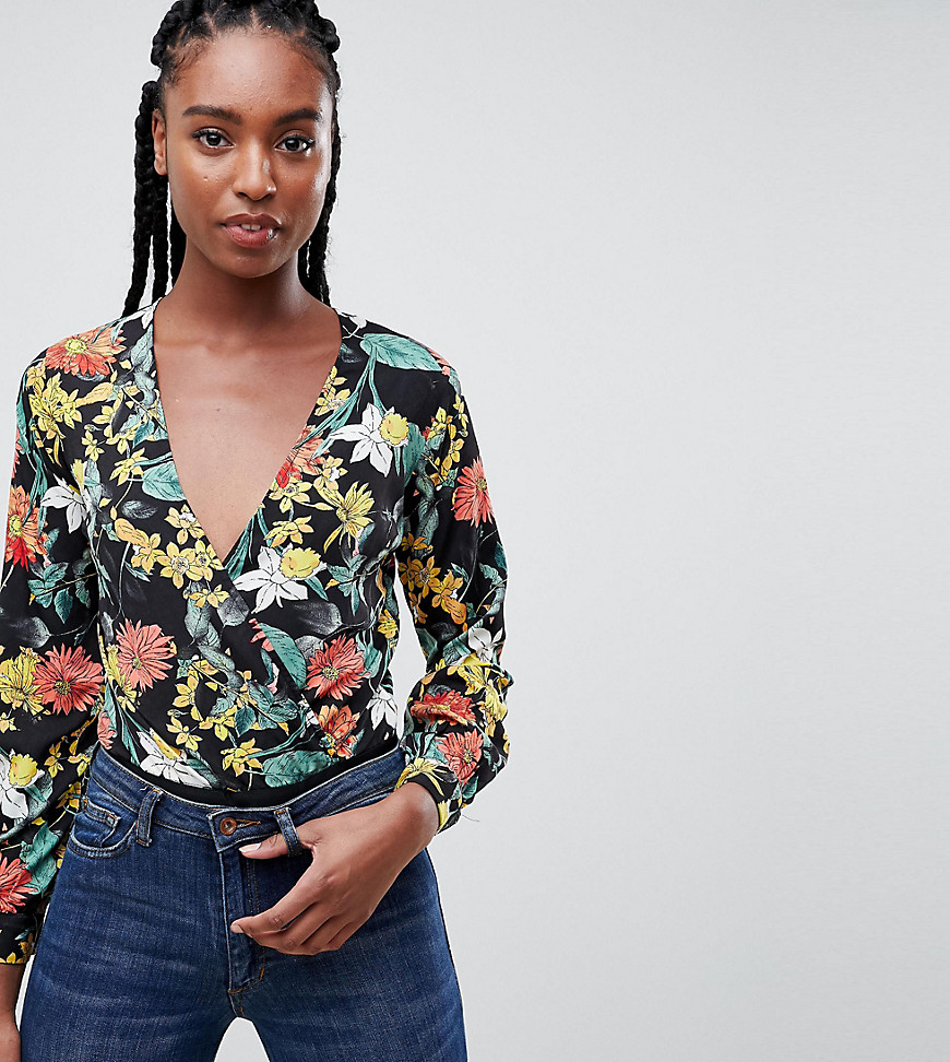 Missguided Tall Floral Wrap Body-Black