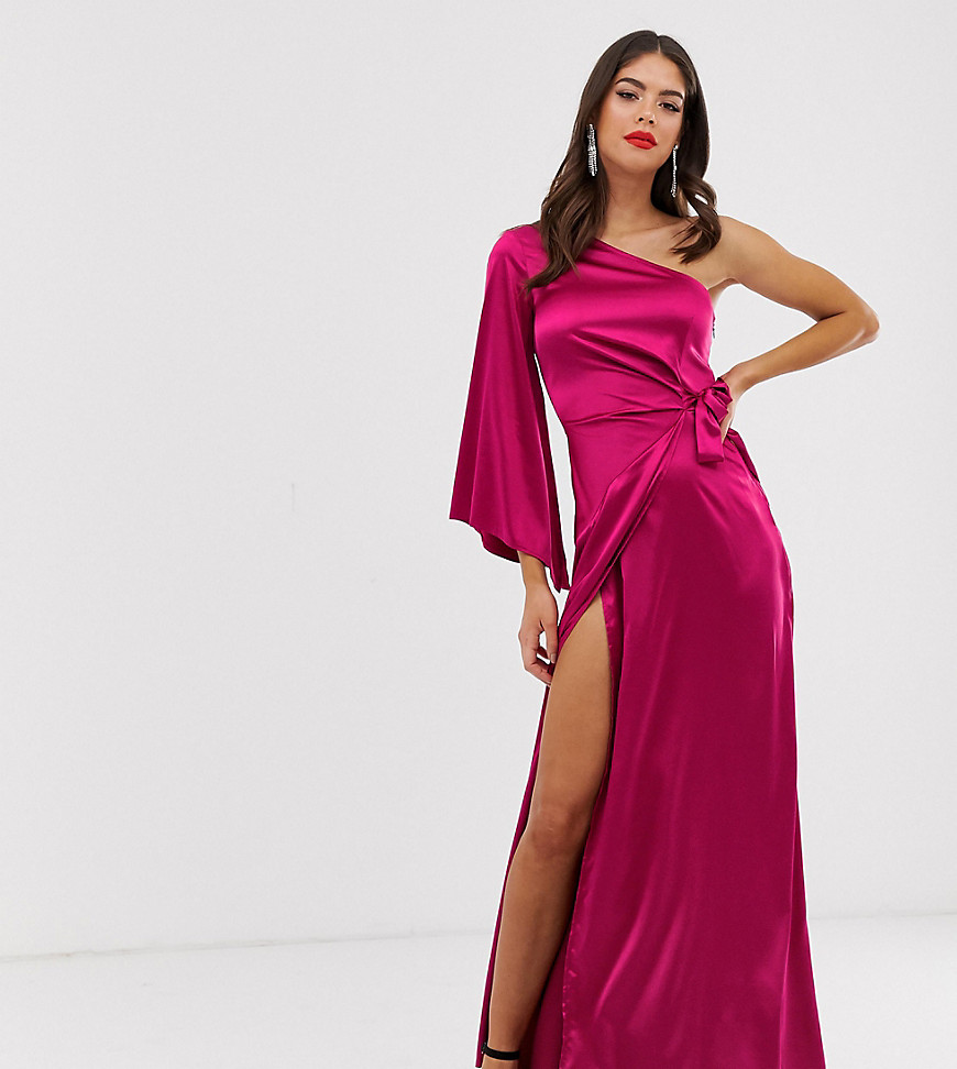 Missguided Tall - Gedrapeerde lange jurk met een blote schouder in frambozenprint-Roze