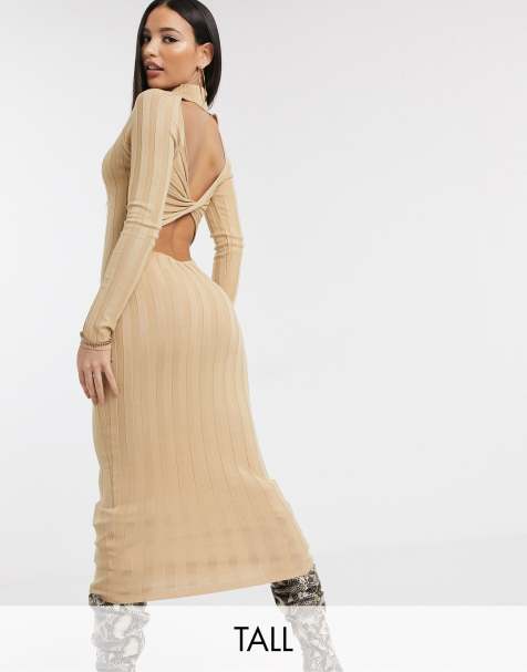 Missguided Tall – Geripptes Midaxikleid mit überkreuztem Design am Rücken, in Sand