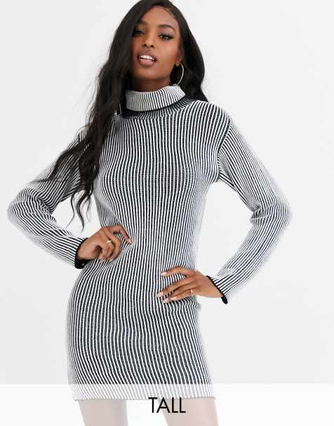 Missguided Tall – Geripptes Mini-Pulloverkleid in Grau mit Rollkragen
