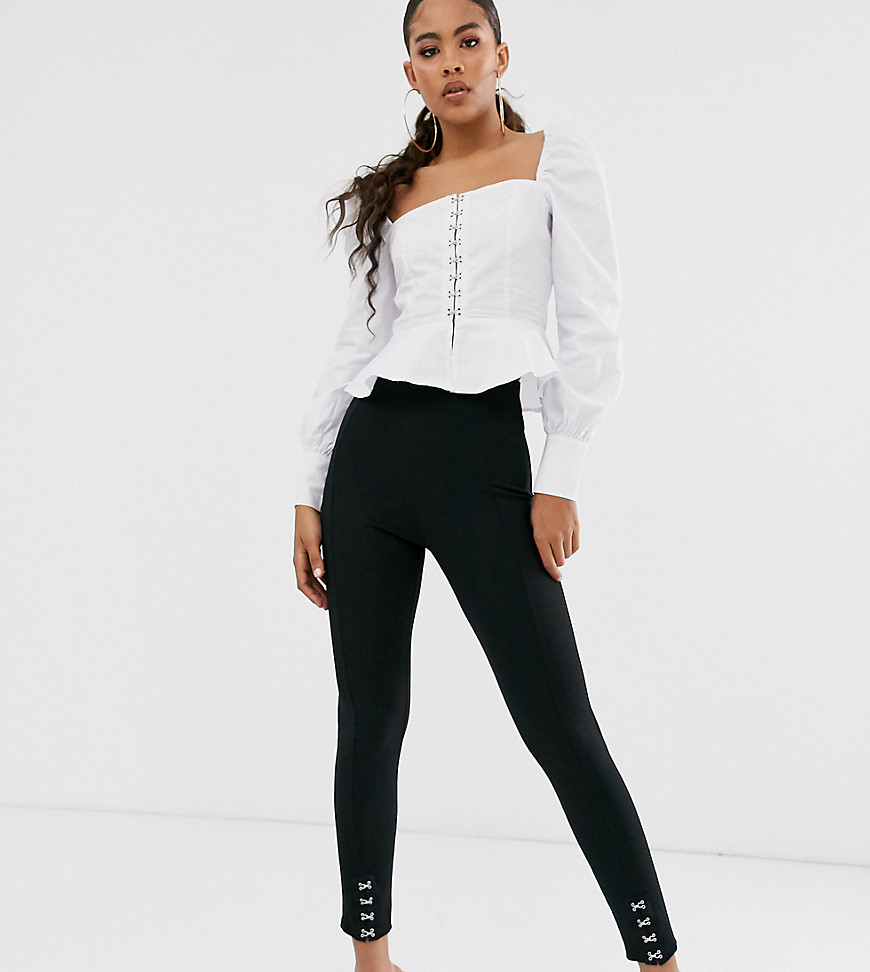 Missguided Tall high waisted leggings with hook and eye ankle detail in black