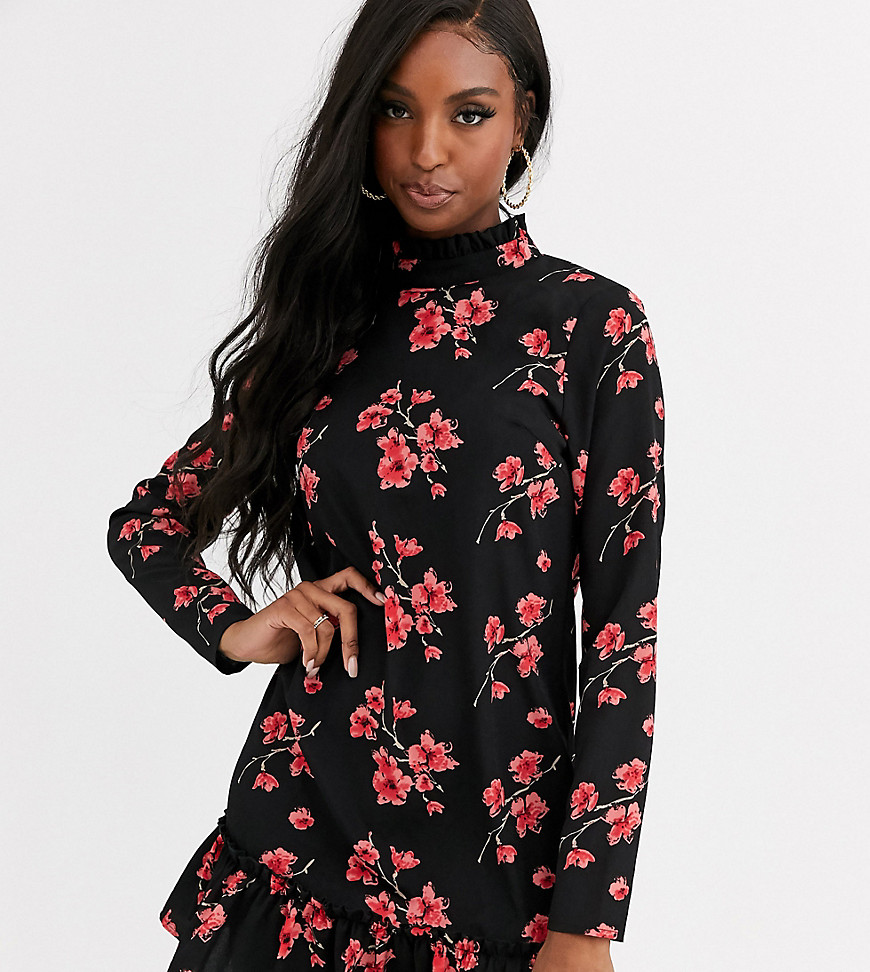 Missguided Tall - Hoogsluitende jurk met bloemenprint-Zwart