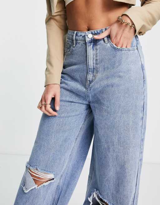 Missguided Tall - Jeans a fondo ampio con strappi sulle ginocchia blu - MBLUE, 3 di 4