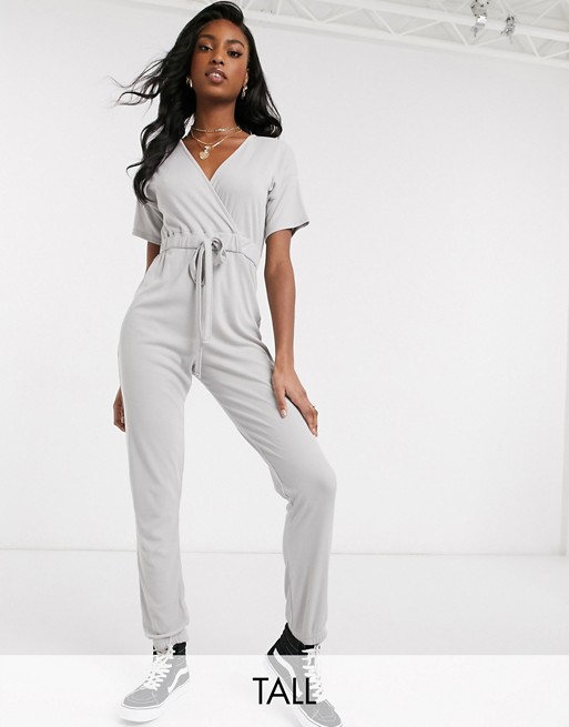 Missguided Tall jersey wrap jumpsuit in grey