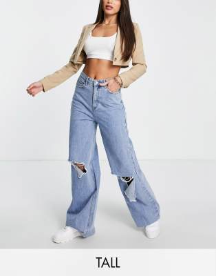 Missguided Tall knee rip wide leg jean in blue - MBLUE - ASOS Price Checker
