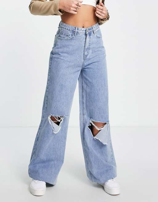 Missguided Tall knee rip wide leg jeans in blue MBLUE ASOS
