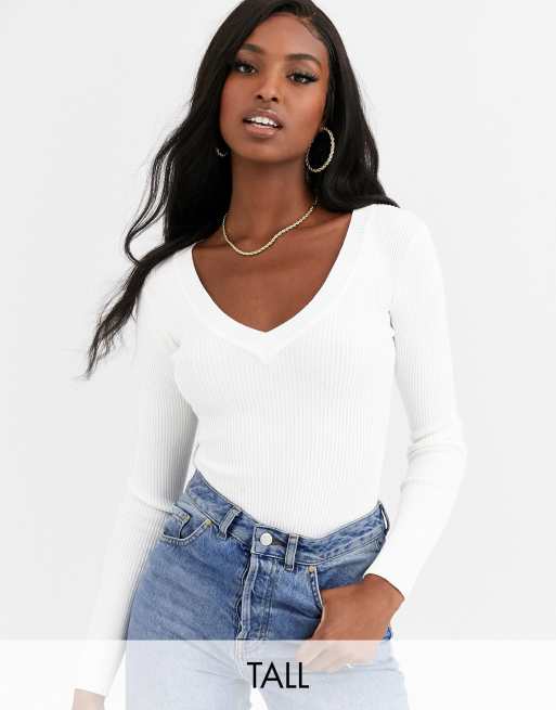 Women's White Basic V Neck Bodysuit