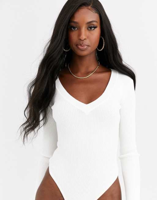 Women's White Basic V Neck Bodysuit