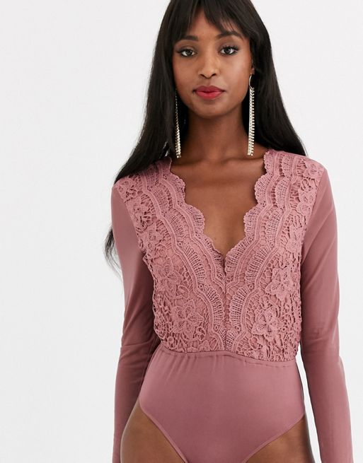 Missguided lace bodysuit in pink