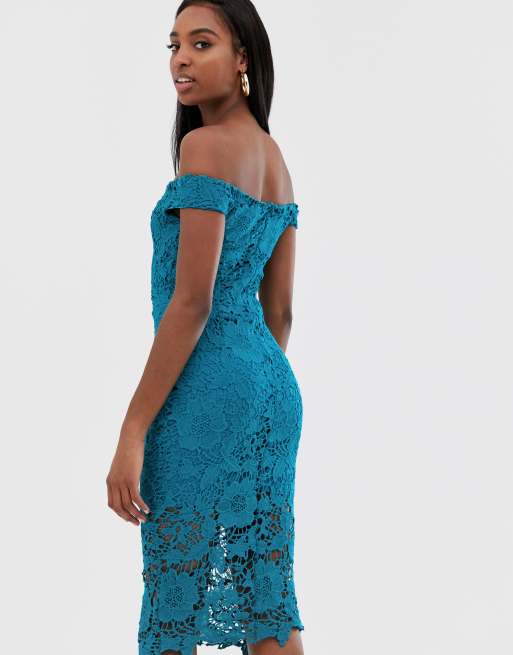 Missguided Tall lace midi bardot dress with in teal