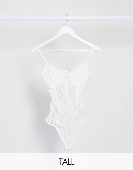 Missguided Tall lace pipe detail bodysuit in white