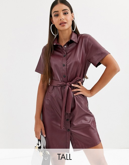 Missguided Tall leather look shirt dress with belted waist in burgundy