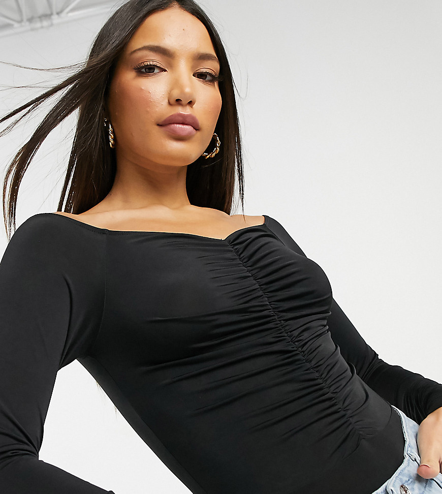Missguided Tall long sleeve bodysuit with ruched front in black