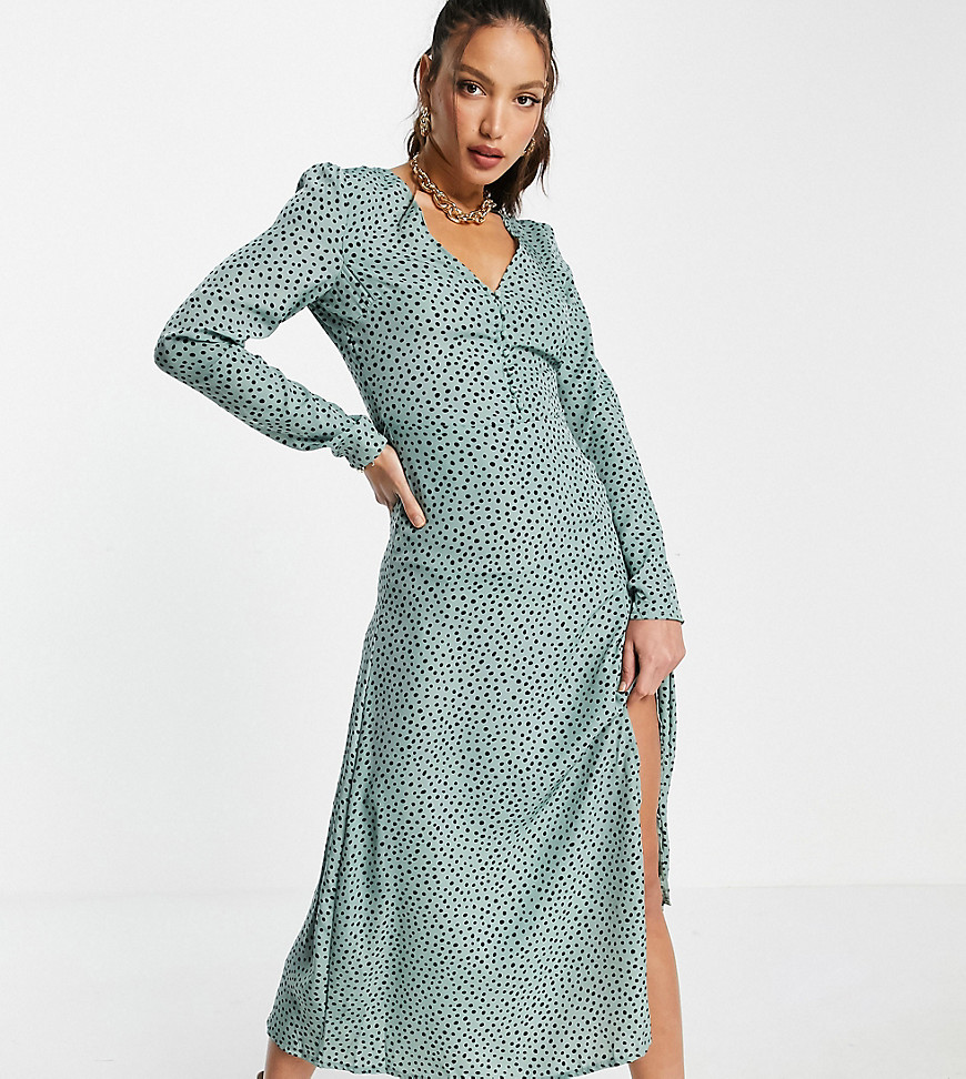Missguided Tall long sleeve midi tea dress with buttons in dalmatian-Green