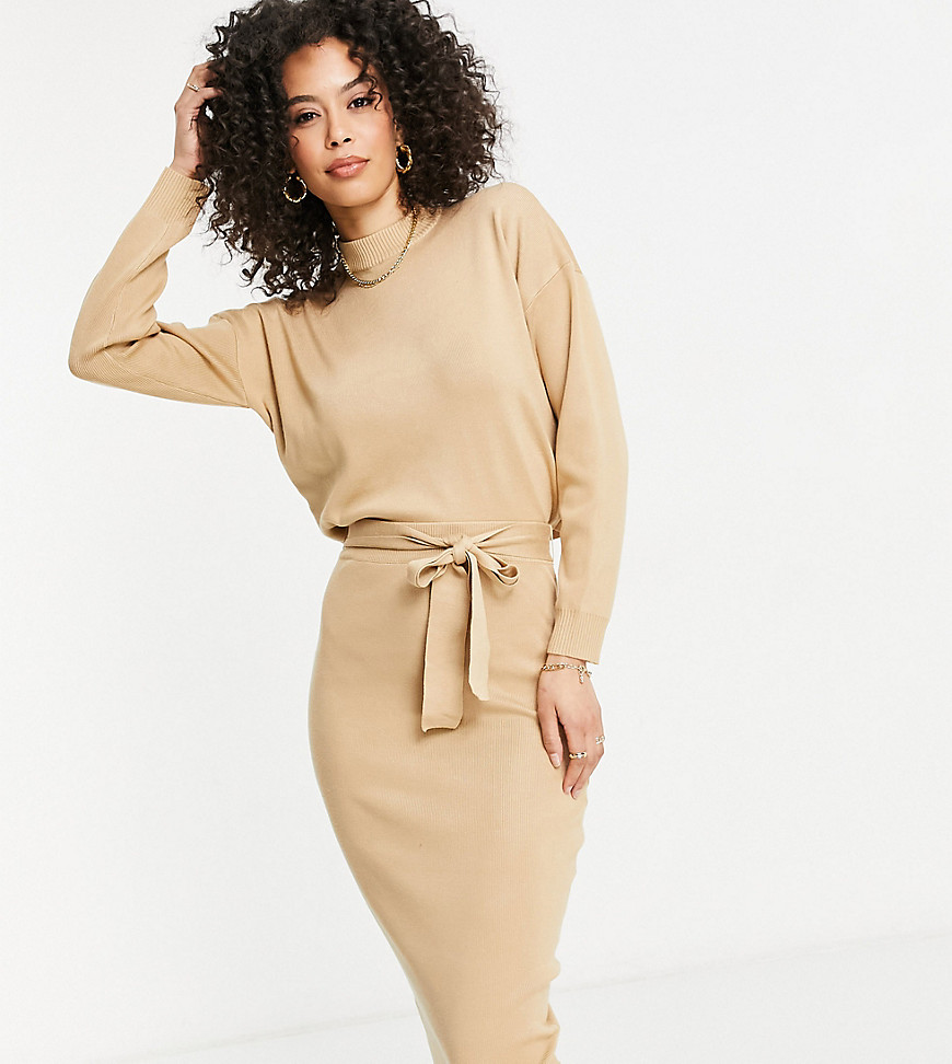 Missguided Tall matching knit midi skirt with tie waist in brown