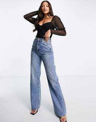 Missguided Tall mesh puff sleeve bow front body in black