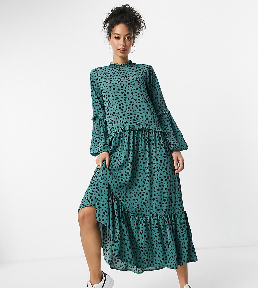 Missguided Tall midi smock dress with high neck in teal-Blues